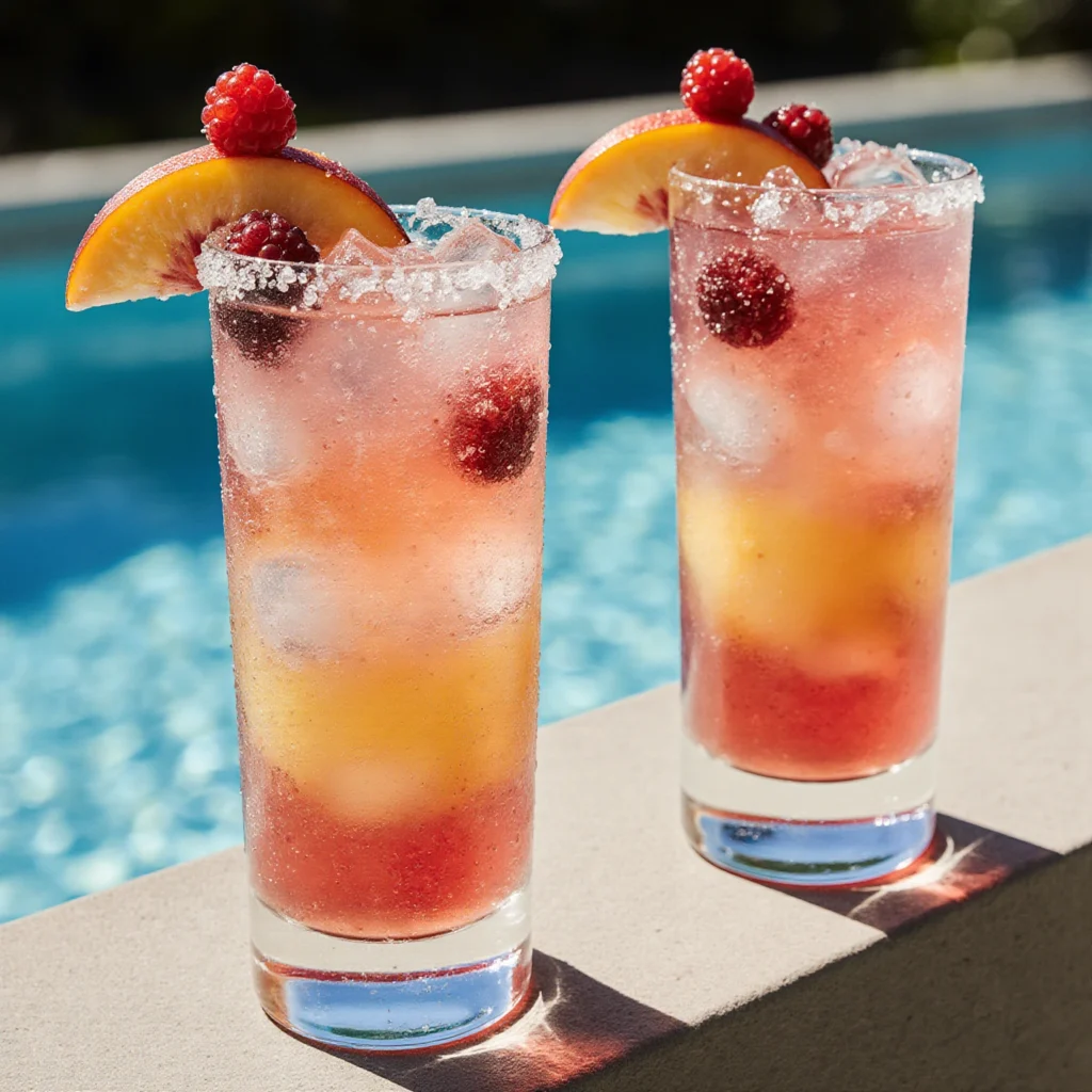 Glass of peach lemonade with ice cubes, peach slices, lemon wedges, and fresh mint on a sunny outdoor table.