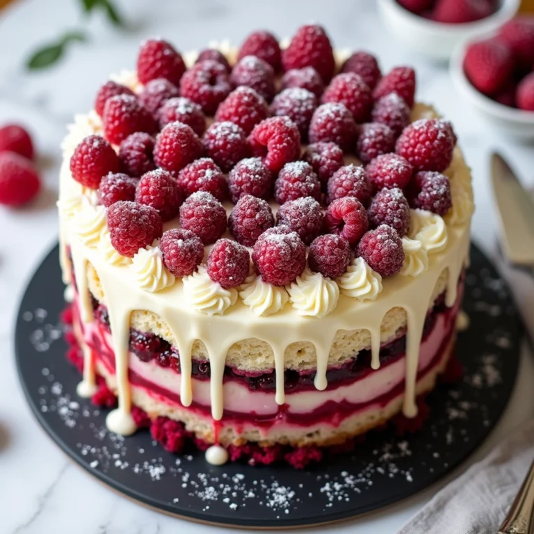 White chocolate raspberry dream cake with layered frosting, fresh raspberries, and white chocolate shavings.