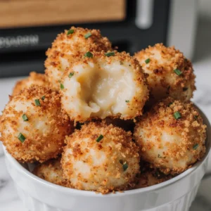 Golden brown air fryer cheesy mashed potato balls with gooey melted cheese inside, served on a platter.