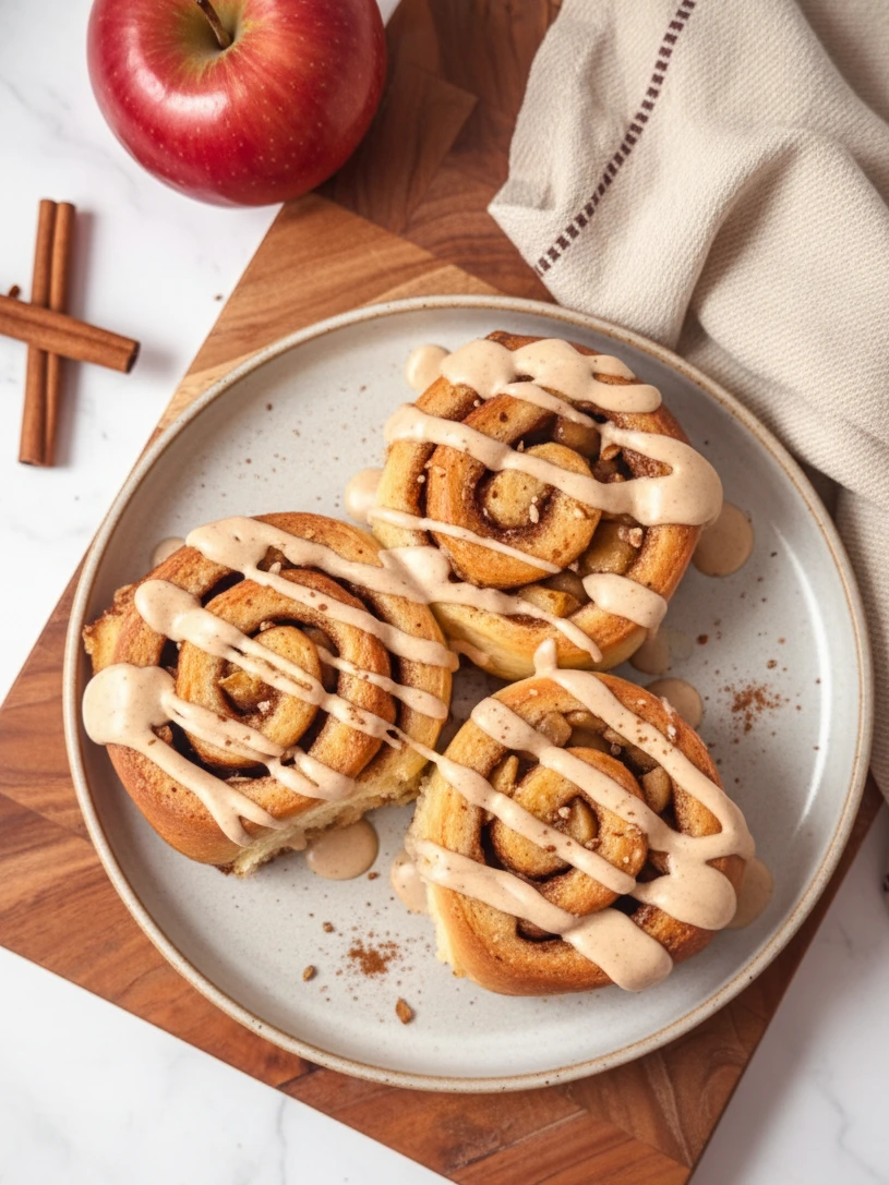 Freshly baked apple cinnamon rolls drizzled with cream cheese glaze on a rustic wooden table.