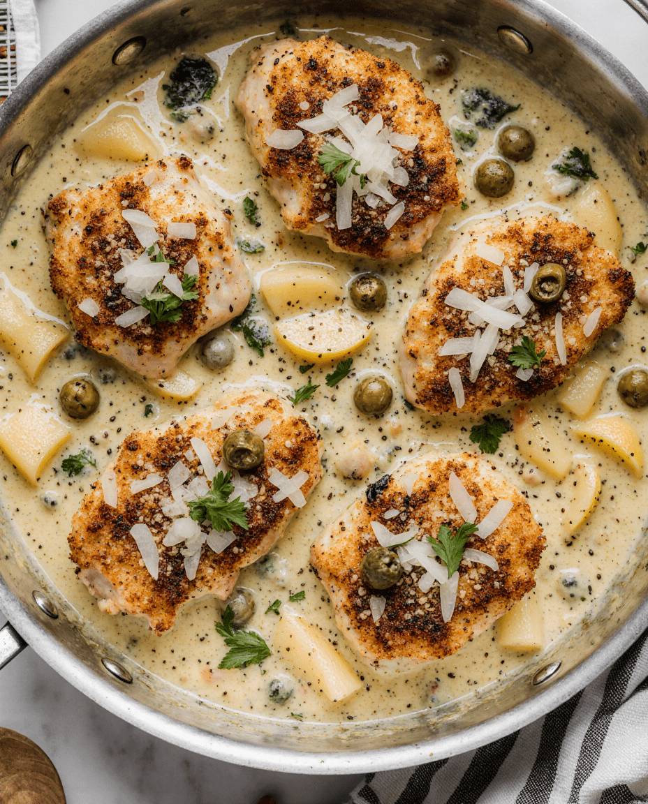 Artichoke chicken piccata in a skillet with lemon slices, capers, and fresh parsley.