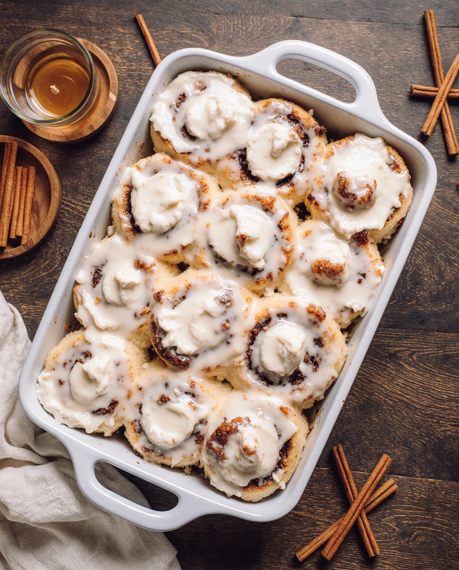 Soft and gooey cinnamon rolls topped with cream cheese frosting served fresh from the pan.