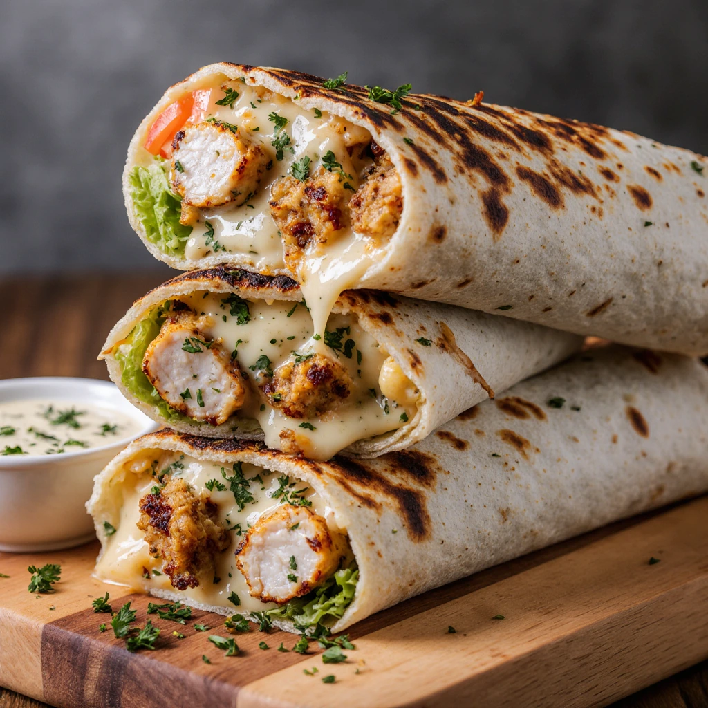 Cheesy garlic chicken wraps cut open to show melted cheese and juicy chicken inside a golden tortilla wrap.