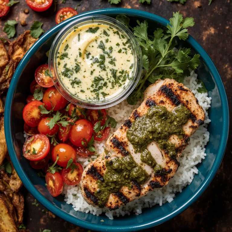 Chimichurri grilled chicken bowl with rice, fresh vegetables, and green chimichurri sauce drizzled on top.