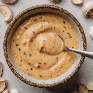 Creamy chipotle sauce with garlic and sour cream served in a small bowl with a spoon, surrounded by tacos and fresh lime.