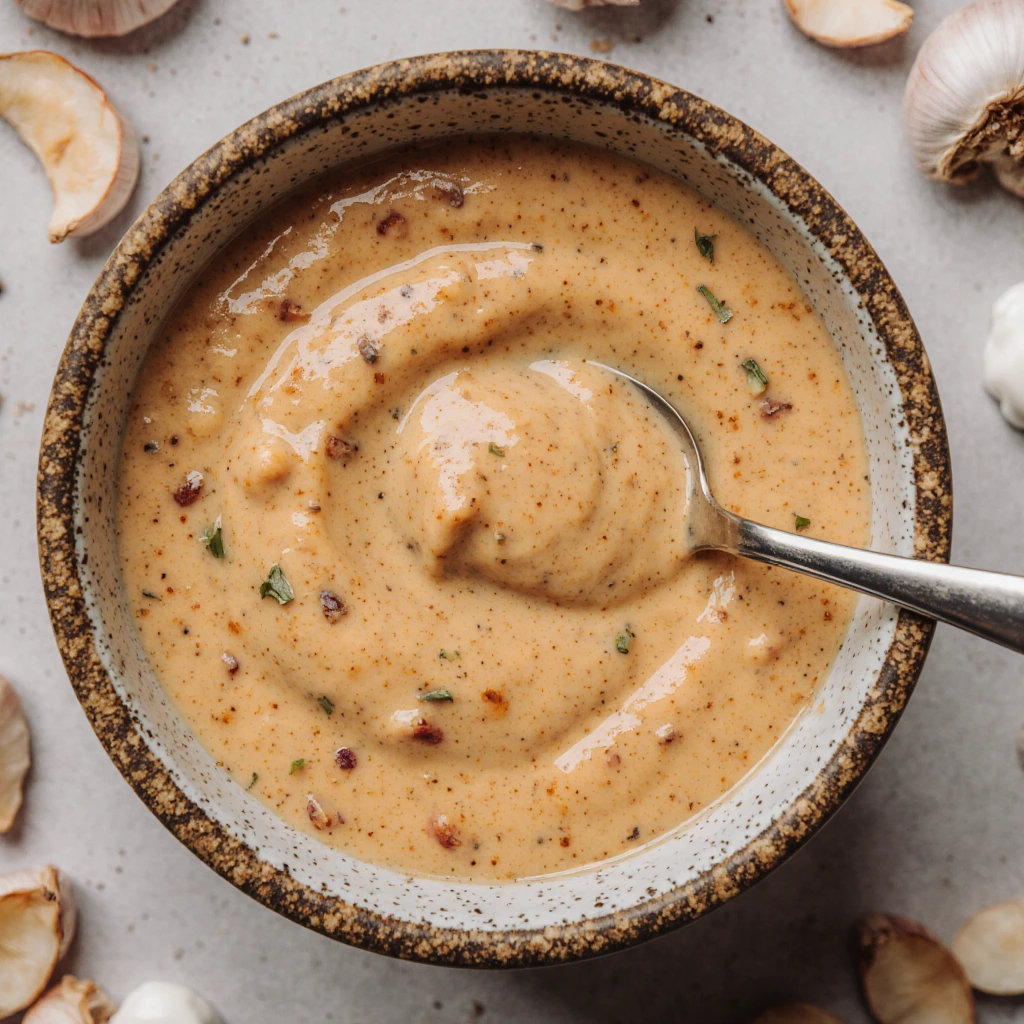 Creamy chipotle sauce with garlic and sour cream served in a small bowl with a spoon, surrounded by tacos and fresh lime.