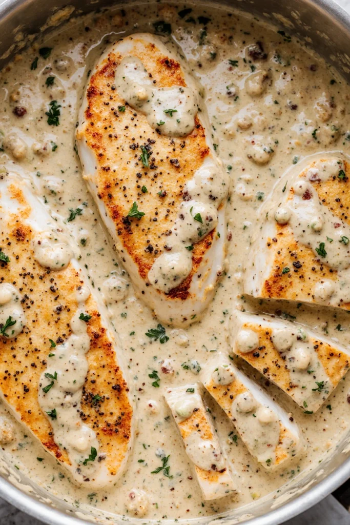 Creamy ranch chicken served on a plate over mashed potatoes with fresh herbs.