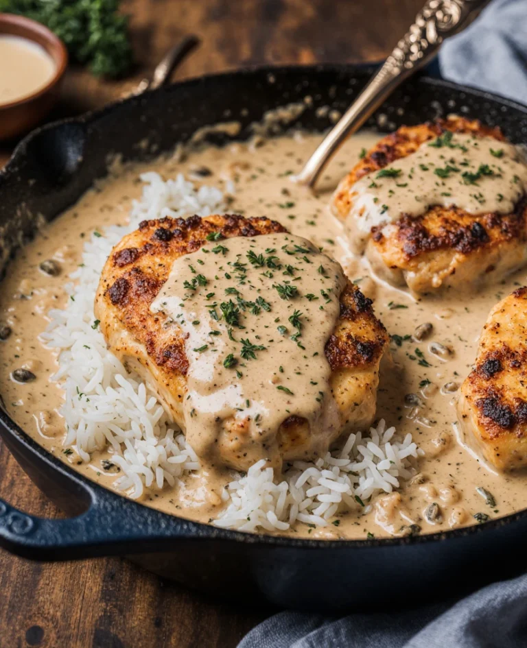 Creamy smothered chicken served over rice in a skillet, garnished with fresh parsley.