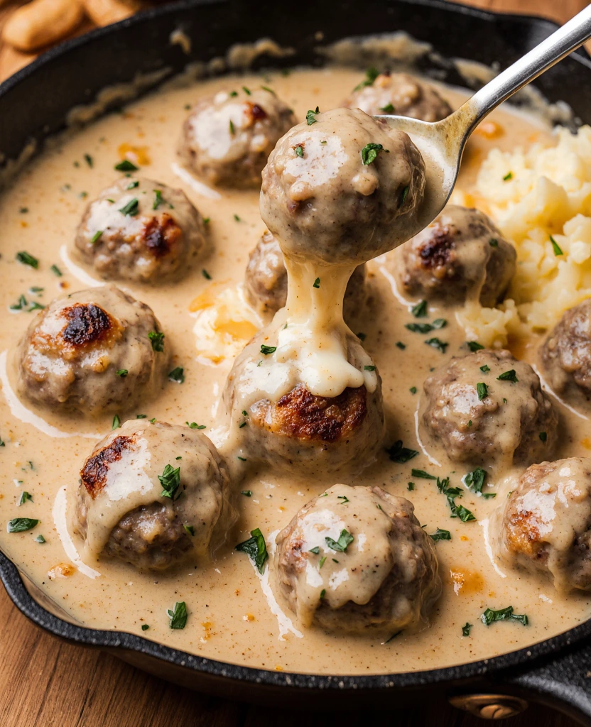 Swedish meatballs smothered in creamy gravy served over egg noodles and garnished with parsley.