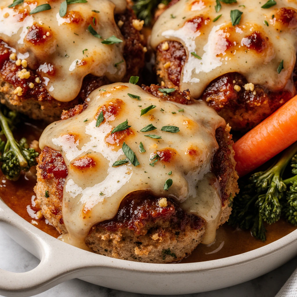 Garlic parmesan chicken meatloaves baked golden brown and served with fresh herbs on a plate.