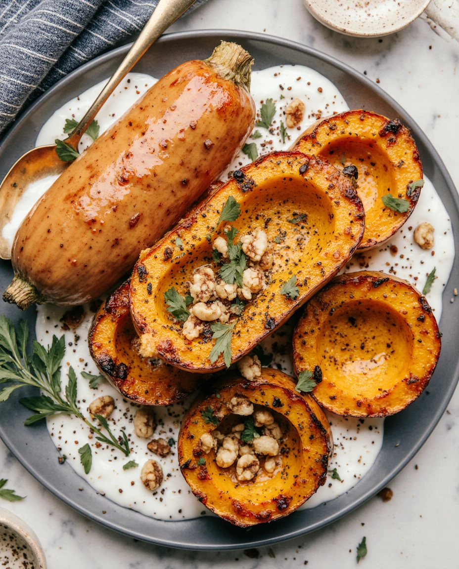 Roasted honeynut squash halves garnished with fresh herbs on a fall-inspired table.