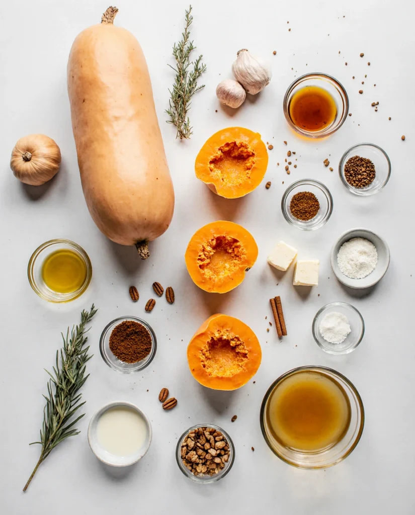 honeynut squash recipes Overhead flat-lay of raw honeynut squash ingredients on a clean white background. Includes whole and halved honeynut squash, bowls of olive oil, maple syrup, ground cinnamon, vegetable broth, butter pats, minced garlic, fresh sage and thyme, salt, pepper, and optional chopped pecans. Vibrant, modern food magazine style with neatly organized ingredients