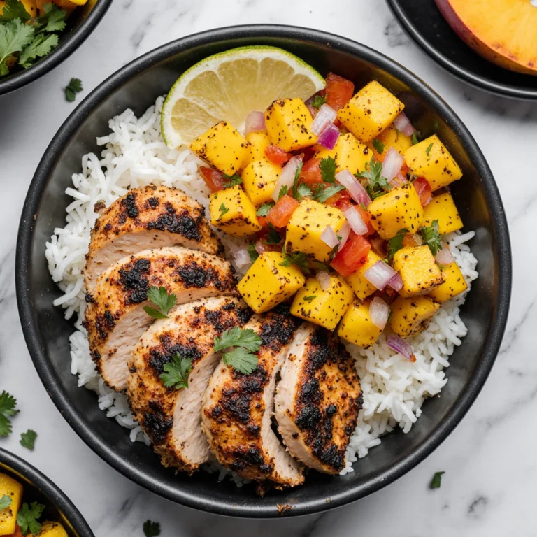 Jerk chicken bowl with rice, grilled chicken, fresh veggies, and lime wedges for a colorful Caribbean-inspired meal.