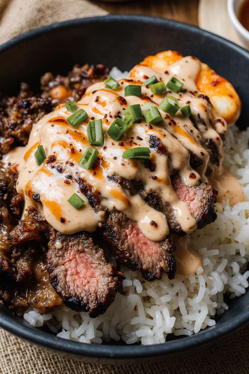 Korean BBQ steak rice bowl with marinated steak slices, rice, veggies, and sauce in a white bowl.