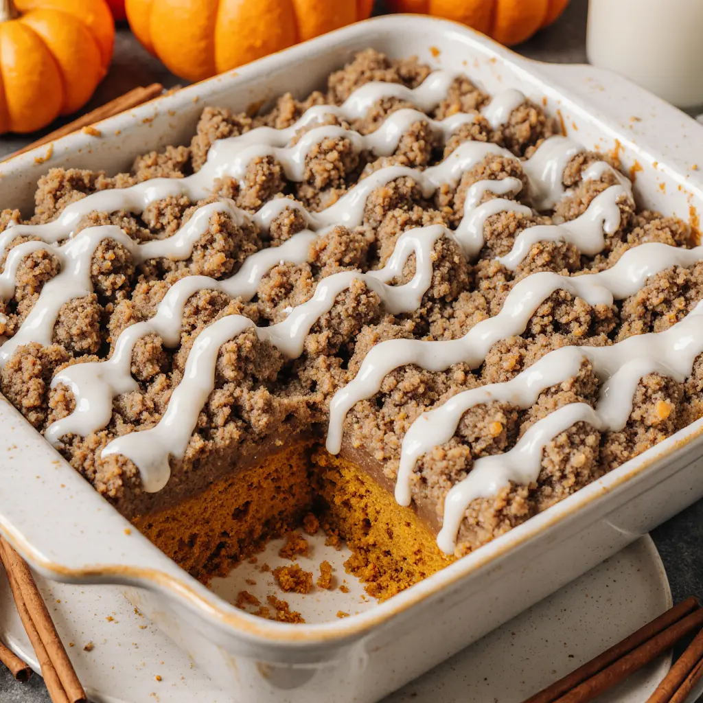 Slice of pumpkin spice latte cake topped with creamy frosting and a sprinkle of cinnamon.