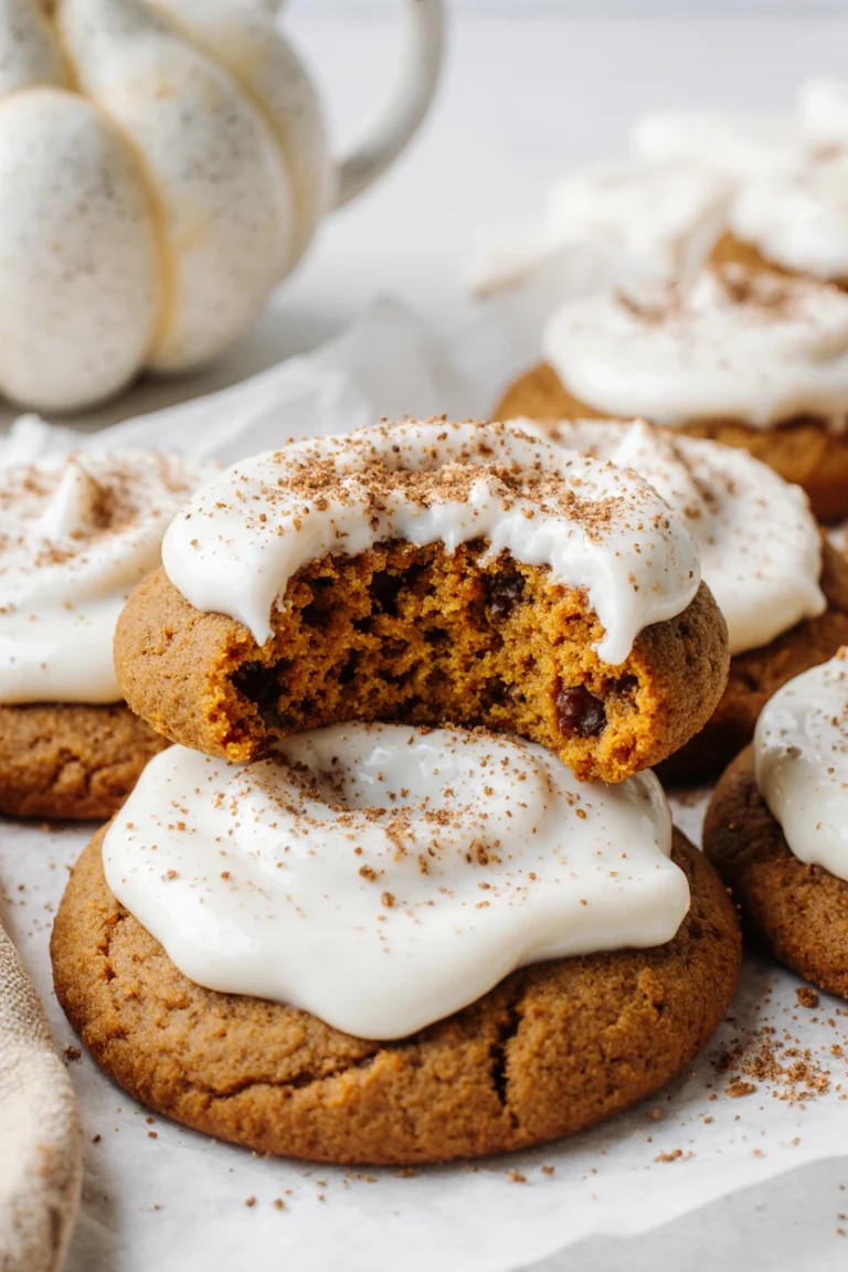 Soft pumpkin cookies topped with cream cheese icing and a sprinkle of cinnamon on a cooling rack.