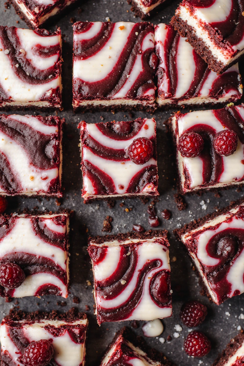 Red velvet cheesecake brownies with creamy cheesecake swirl baked into fudgy red velvet brownie squares.