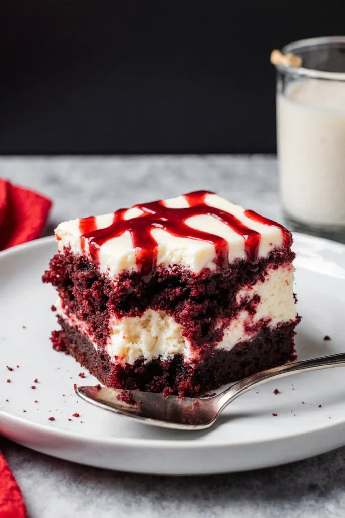 Red velvet cheesecake brownies with creamy cheesecake swirl baked into fudgy red velvet brownie squares.