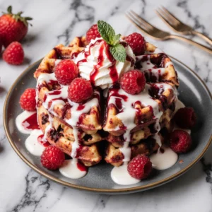 Red velvet marble waffles with swirls of red and golden batter, topped with whipped cream and fresh berries.