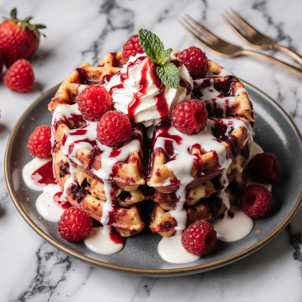 Red velvet marble waffles with swirls of red and golden batter, topped with whipped cream and fresh berries.