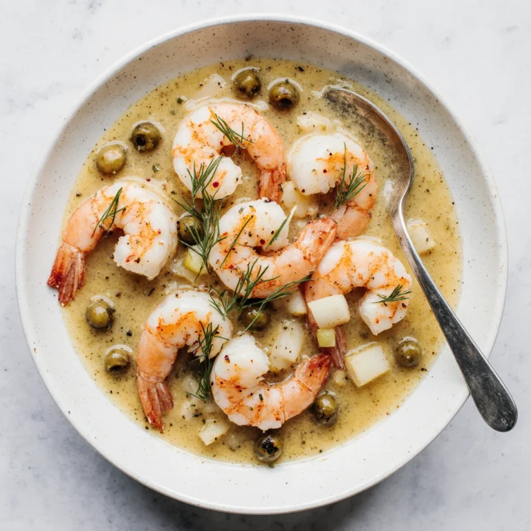 Juicy sautéed shrimp topped with zesty lemon-caper dressing served on a white plate with fresh herbs.