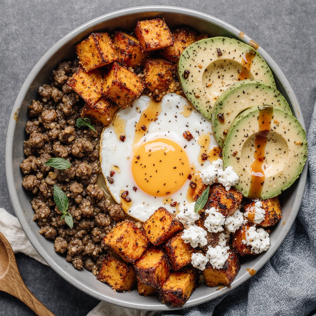 Savory power bowl with grains, roasted vegetables, protein, and hot honey drizzle served in a bowl.