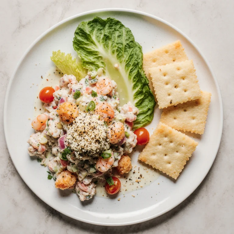 Fresh shrimp salad with lettuce, tomatoes, and creamy dressing served in a bowl.