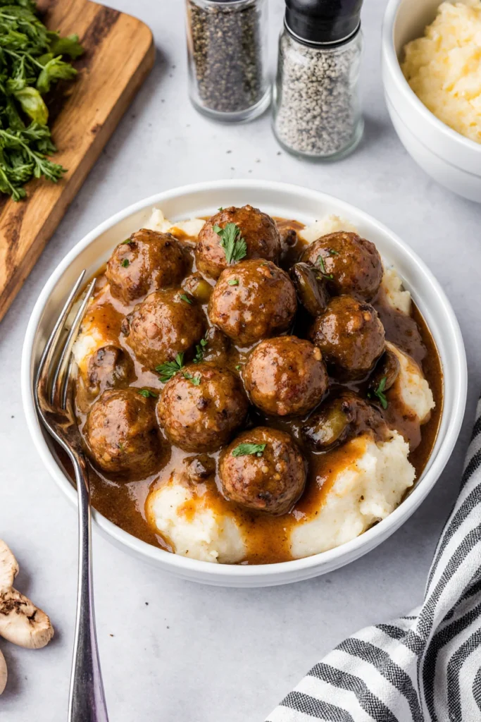 Slow cooker Salisbury steak meatballs simmered in rich brown gravy served over mashed potatoes.