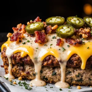 Smoky jalapeño popper meatloaf stuffed with cream cheese, bacon, and jalapeños, sliced and served on a plate.