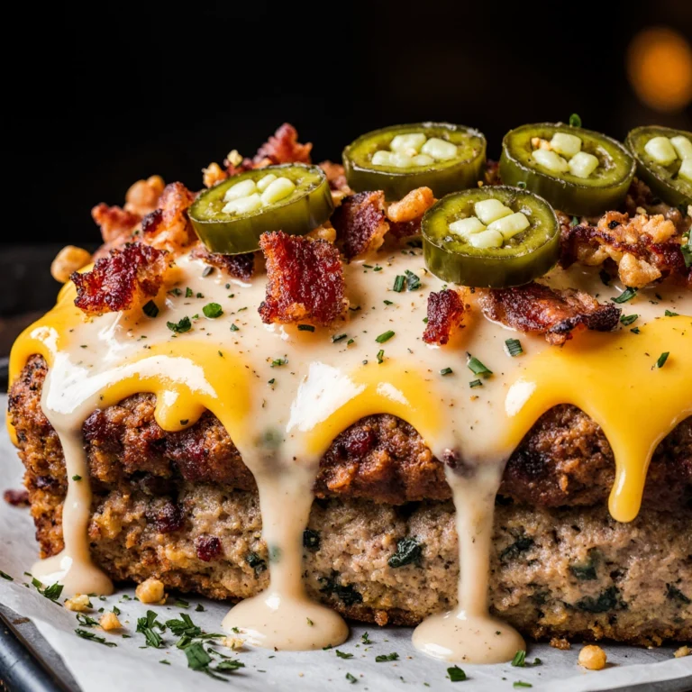 Smoky jalapeño popper meatloaf stuffed with cream cheese, bacon, and jalapeños, sliced and served on a plate.