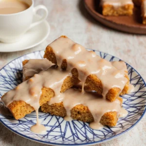 Soft baked maple donut bars topped with maple glaze, served on a plate for breakfast or brunch.