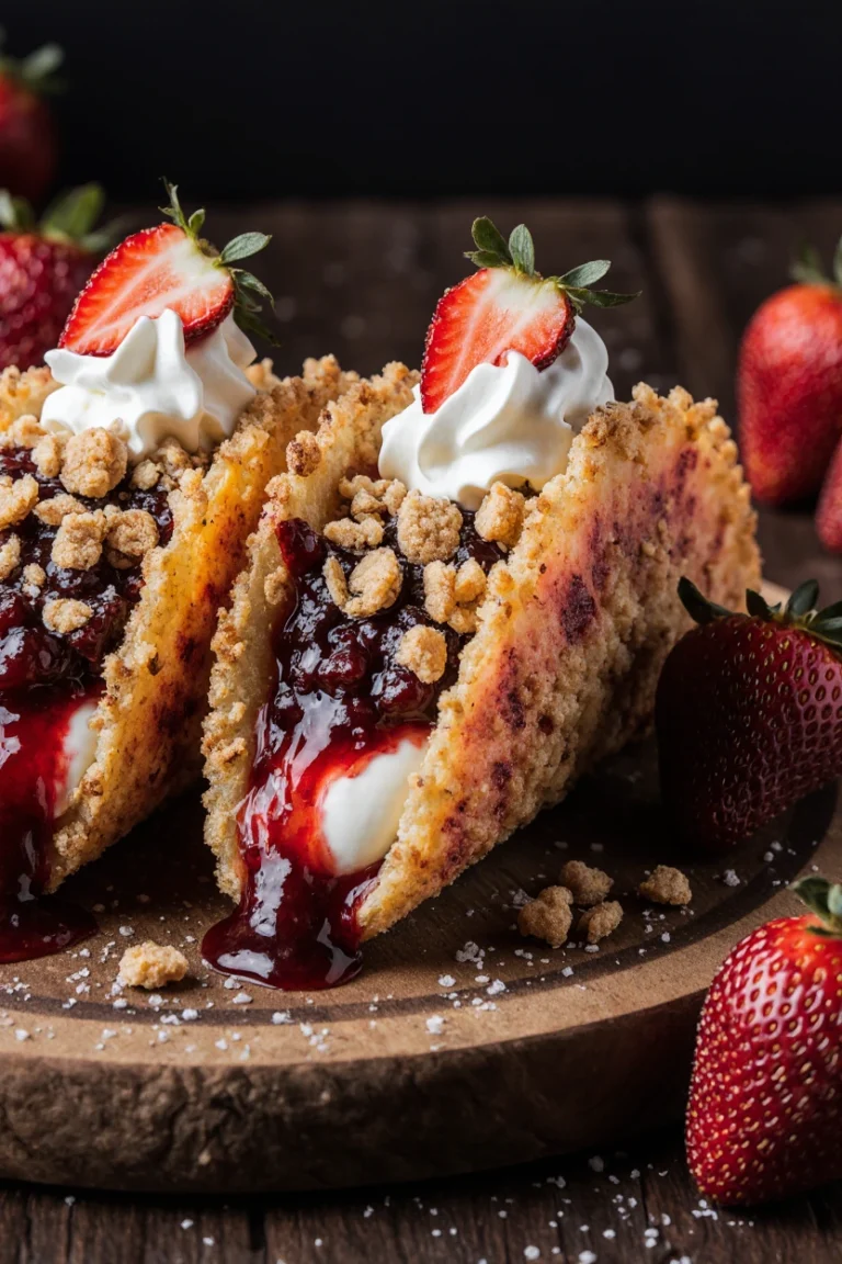 Strawberry crunch cheesecake tacos with crispy shells, creamy filling, and fresh strawberries on top.
