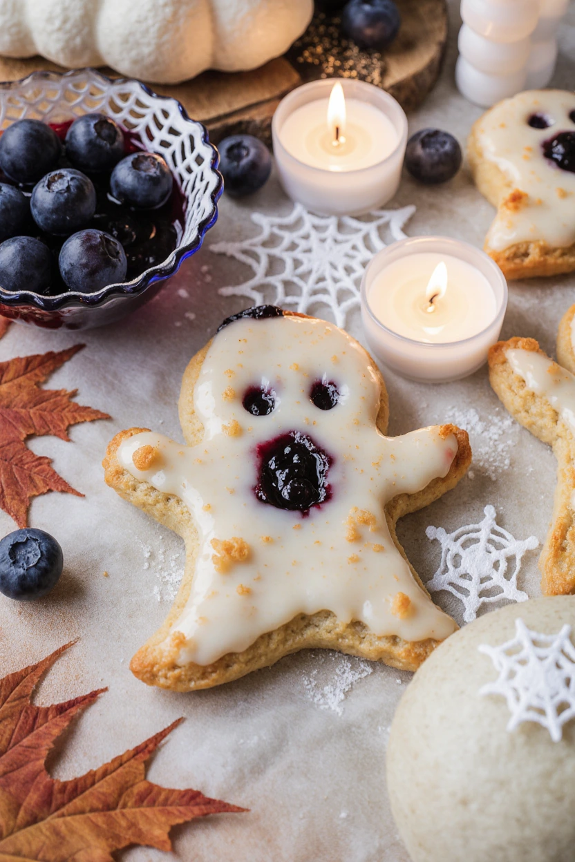 Vegan blueberry ghost hand pies shaped like spooky ghosts, baked golden brown with blueberry filling.