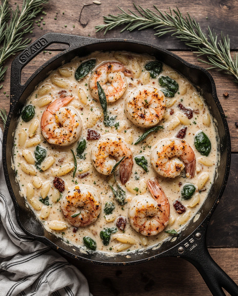 Creamy shrimp orzo in a skillet topped with fresh herbs and Parmesan cheese.