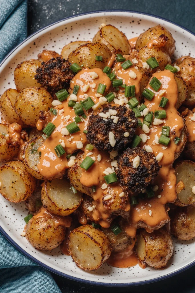 Crispy Korean potato glazed with sweet-savory sauce, served in a bowl and garnished with sesame seeds.