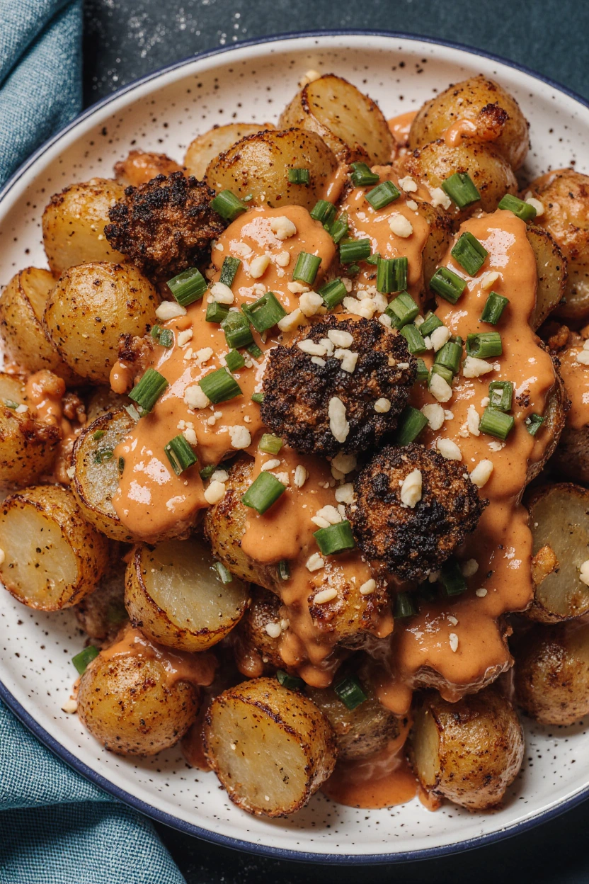 Crispy Korean potato glazed with sweet-savory sauce, served in a bowl and garnished with sesame seeds.