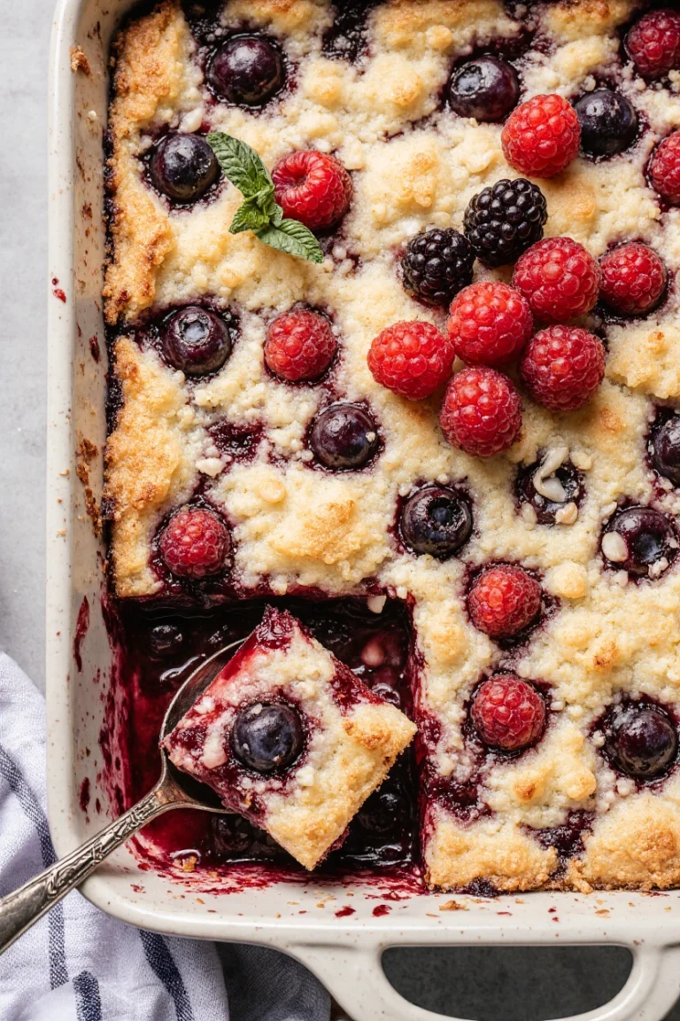 High protein triple berry breakfast bake with fresh blueberries, strawberries, and raspberries in a baking dish.