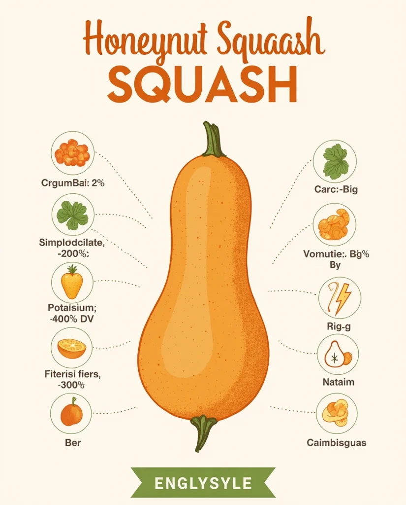 Infographic showing nutritional information for honeynut squash – calories, carbs, fiber, vitamins, and minerals – perfect for healthy Honeynut squash recipes.
