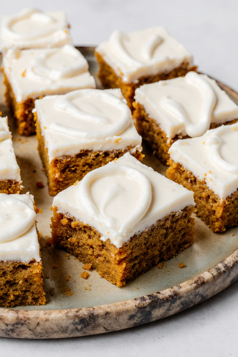 Pumpkin bars topped with cream cheese frosting cut into squares and served on a tray.