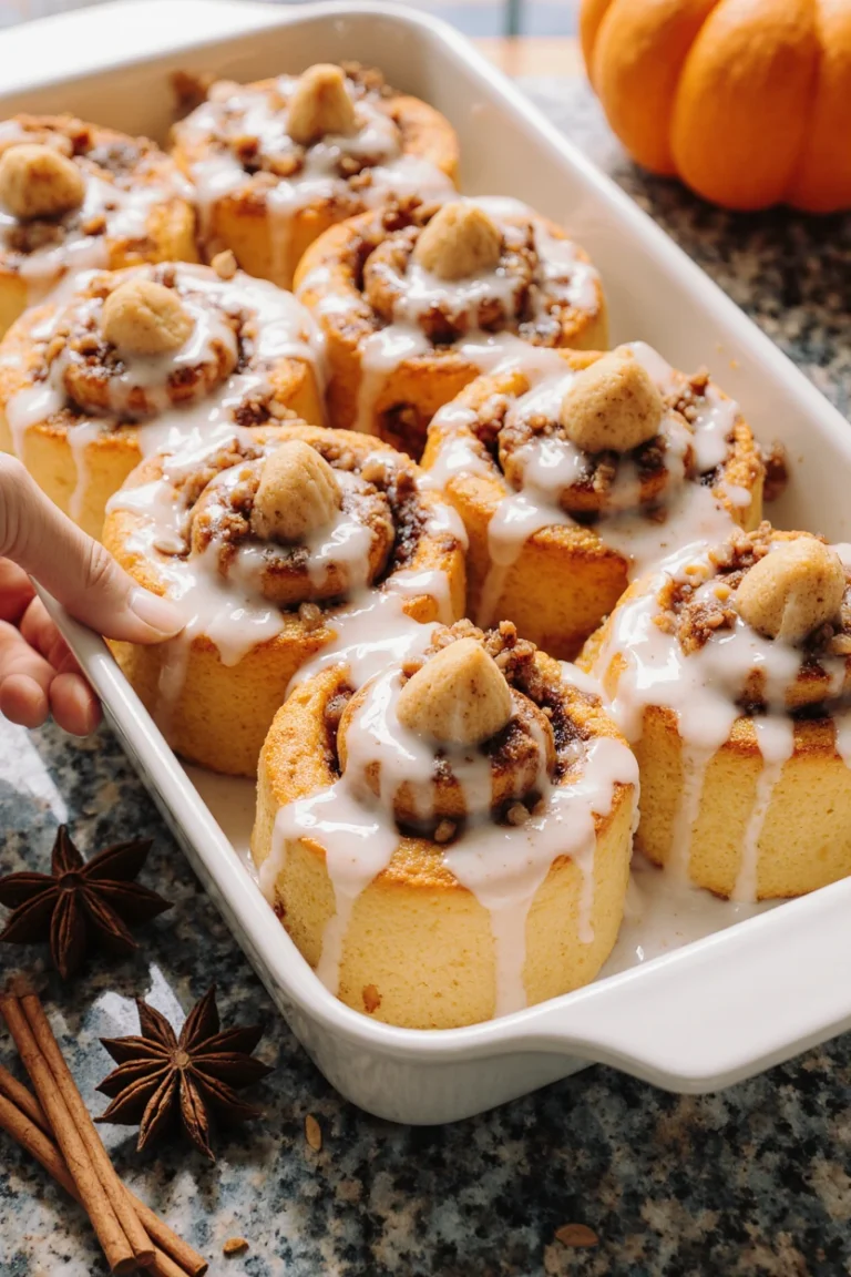 Freshly baked pumpkin cinnamon rolls drizzled with cream cheese glaze on a fall-inspired table.