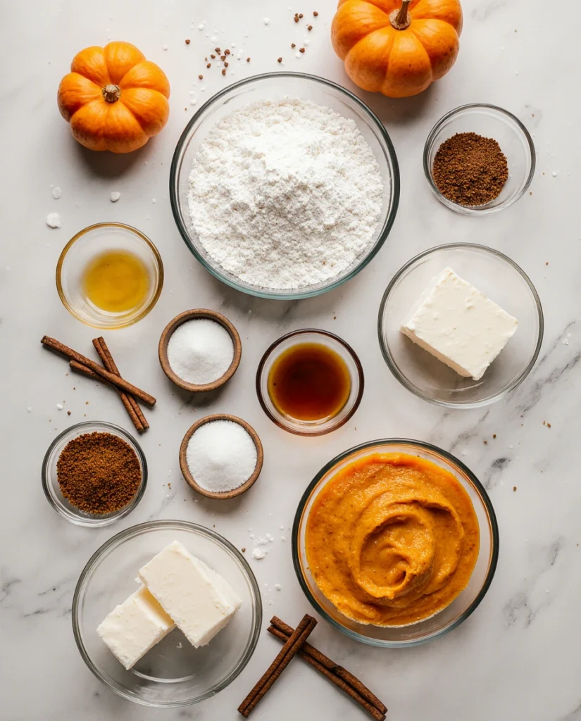 Pumpkin cream cheese muffins with swirled tops on a cooling rack with fall decorations.