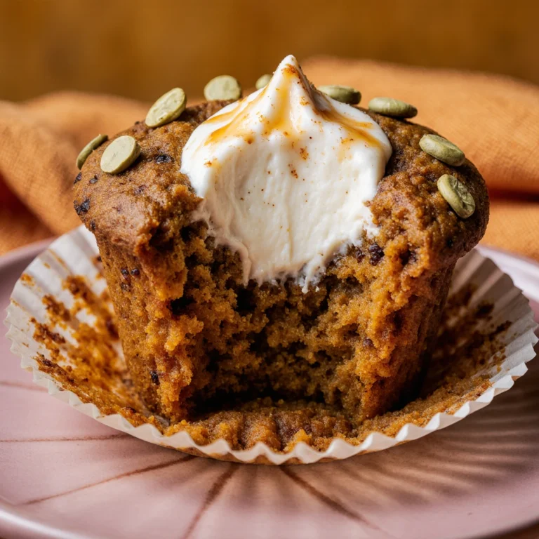 Pumpkin cream cheese muffins with swirled tops on a cooling rack with fall decorations.