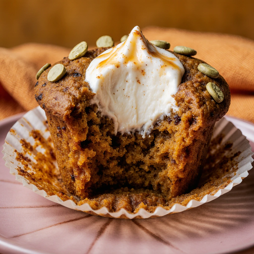 Pumpkin cream cheese muffins with swirled tops on a cooling rack with fall decorations.