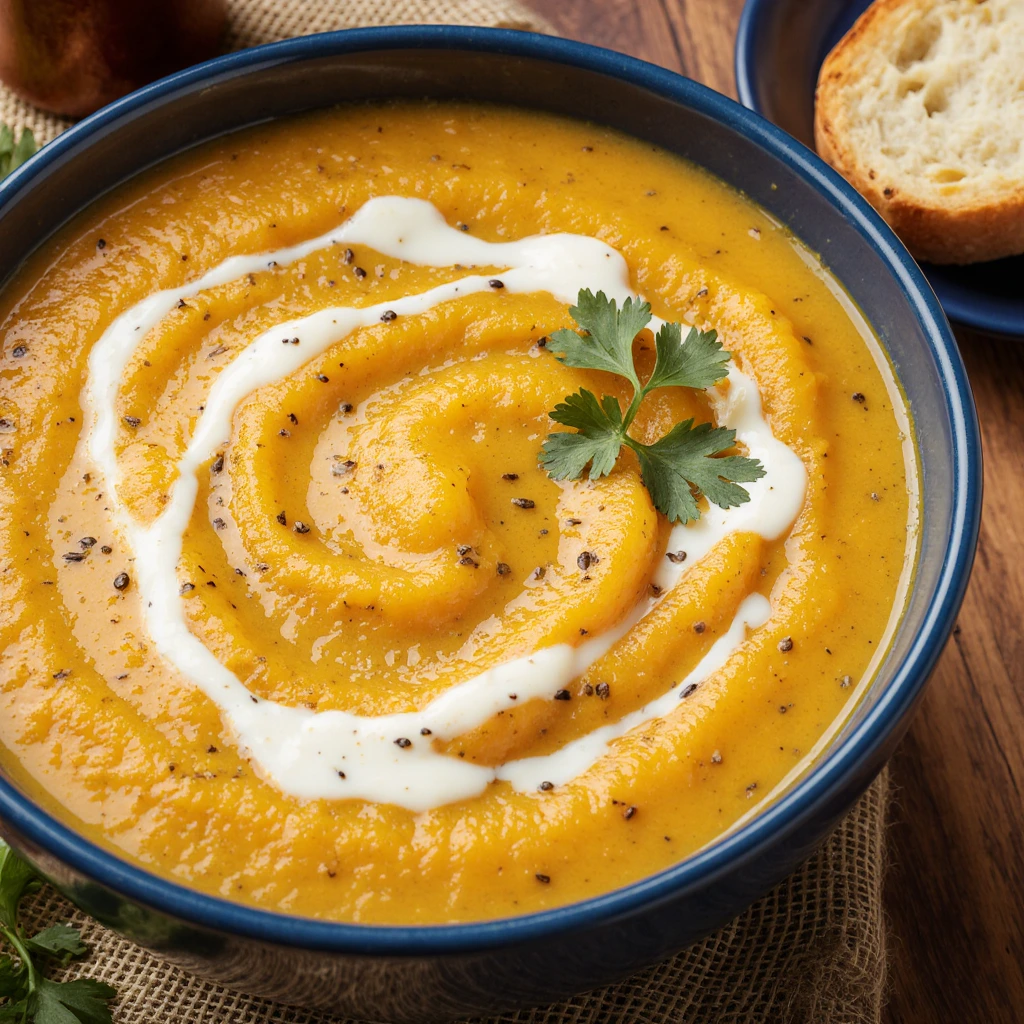 Bowl of creamy pumpkin soup garnished with cream swirl and pumpkin seeds on a rustic table.