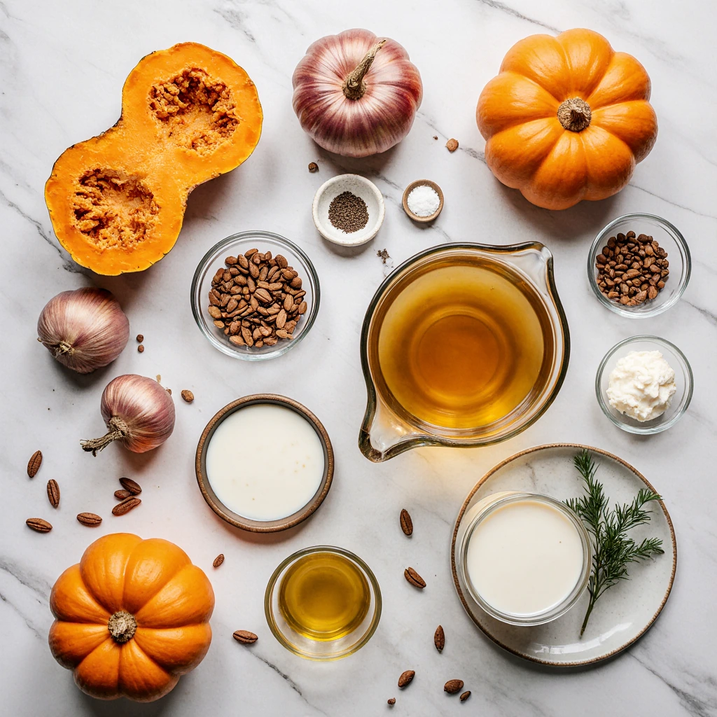 Bowl of creamy pumpkin soup garnished with cream swirl and pumpkin seeds on a rustic table.