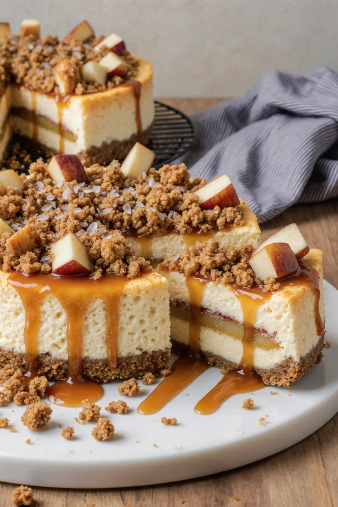 Salted caramel apple pie cheesecake topped with caramel drizzle and spiced apples on a dessert plate.