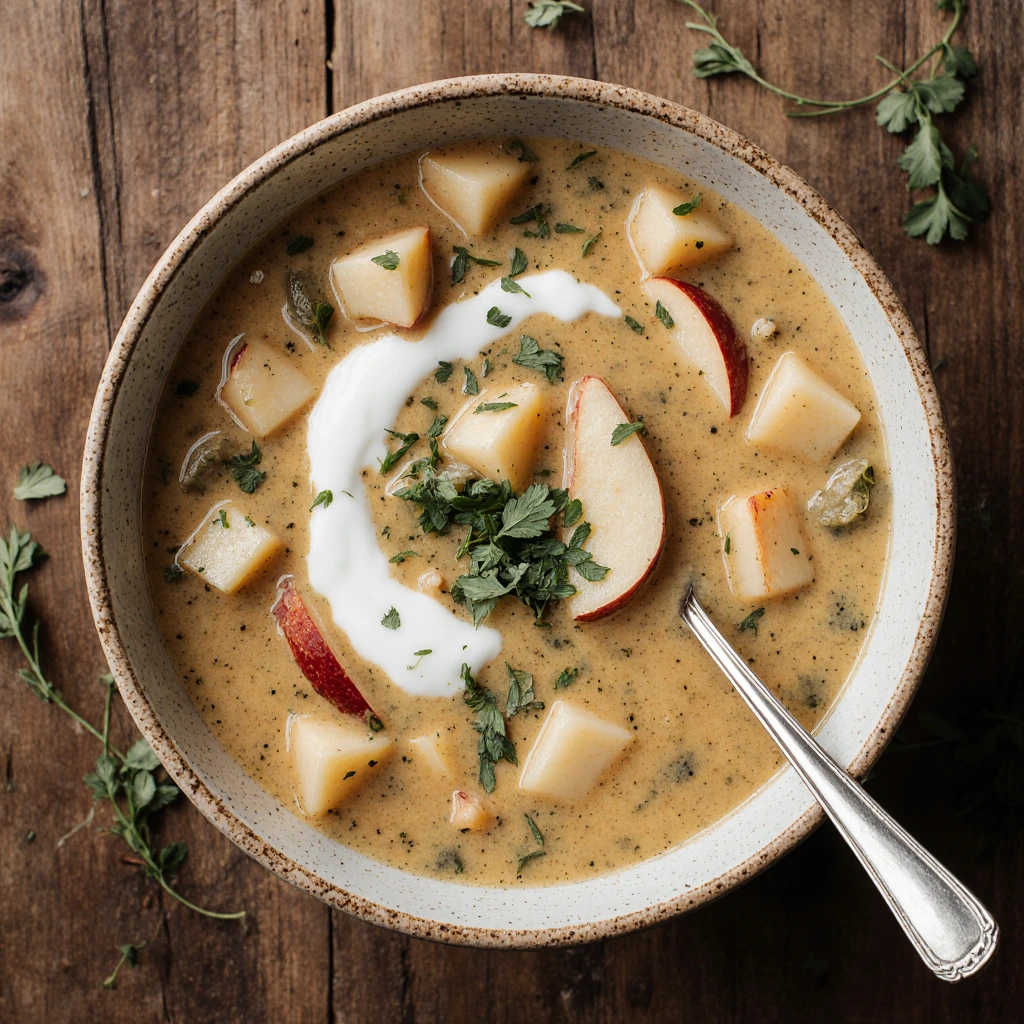 Bowl of vegetable apple soup garnished with fresh herbs, served with crusty bread.