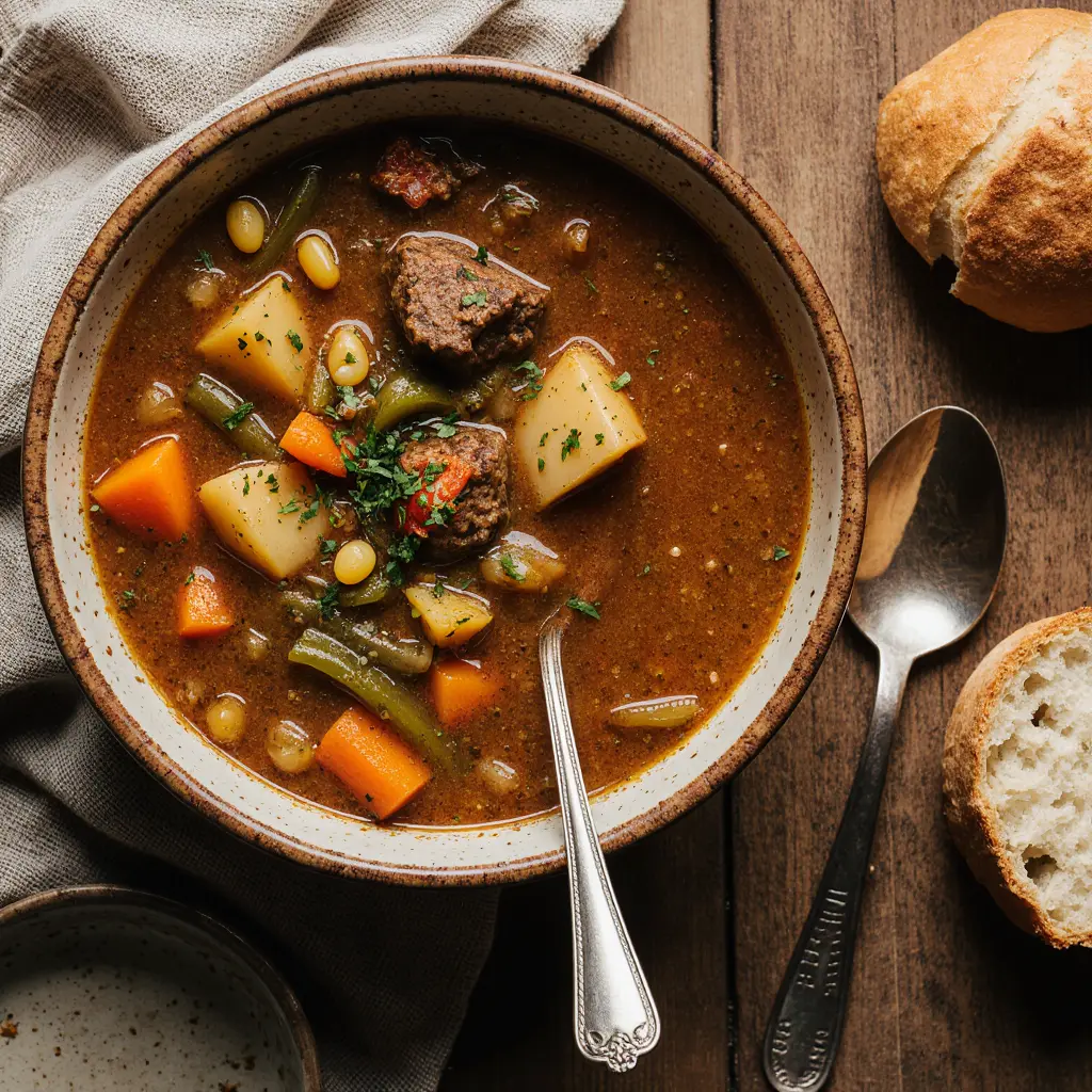 Bowl of vegetable beef soup with tender beef chunks and colorful vegetables in rich broth.