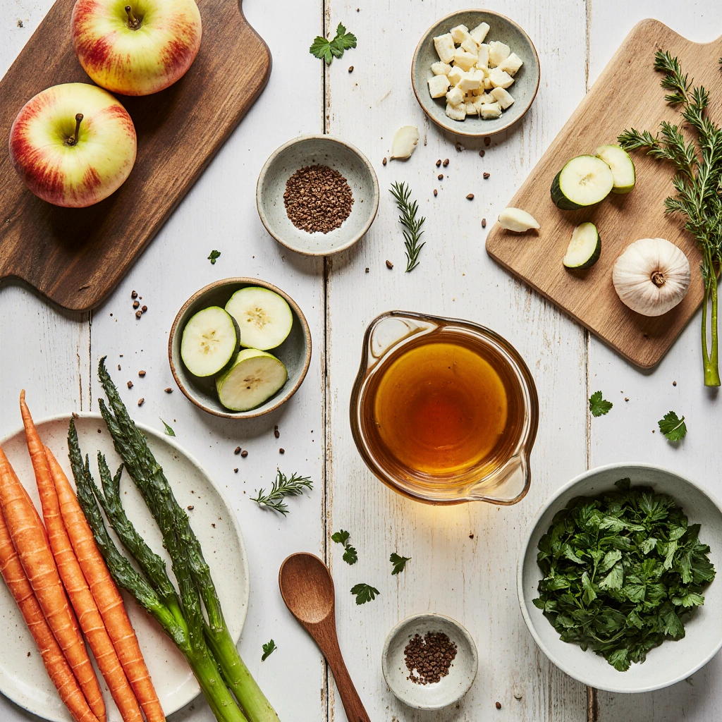 Bowl of vegetable apple soup garnished with herbs and served with crusty bread.