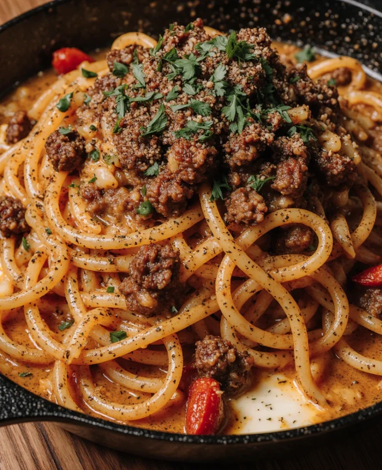 Cajun beef spaghetti served in a bowl topped with fresh herbs and Parmesan cheese.